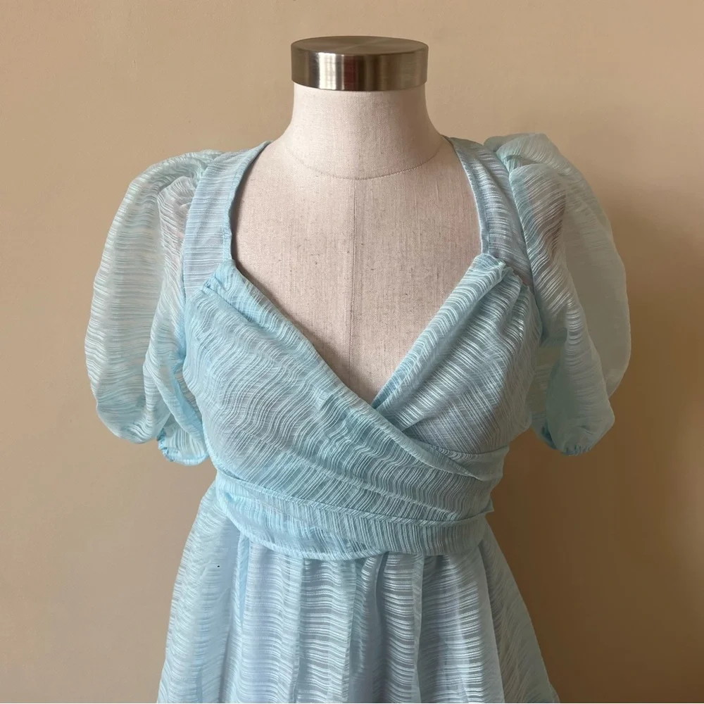 New! Free People Hailey puff sleeve dress sub zero blue organza 13213_5